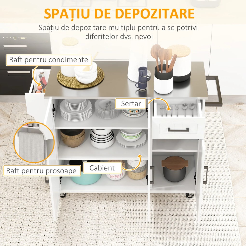 HOMCOM Insulă de Bucătărie Rulantă cu Depozitare, Sertar, 3 Dulapuri, Blat din Oțel Inoxidabil, Design Versatil, Alb | Aosom Romania