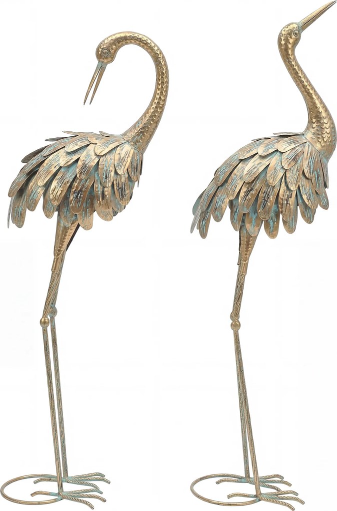Outsunny Set de 2 statui de grădină, sculptură de stârc din metal, statui de păsări 91/95cm, pentru curte, iaz, terasă, auriu/albastru | Aosom Romania