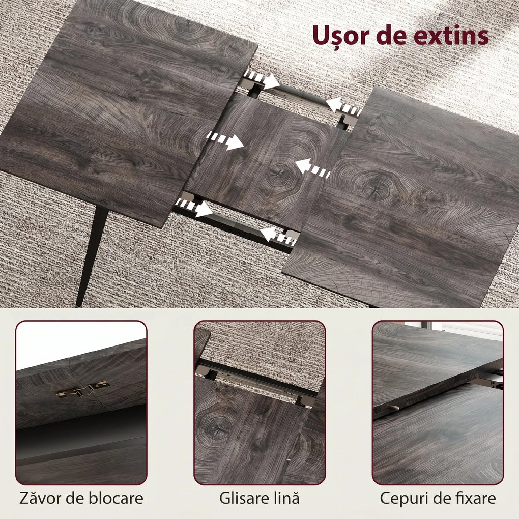 HOMCOM Masă Extensibilă pentru Sufragerie, 6-8 Persoane, 120-160x75 cm, Blat Efect Lemn, Picioare din Oțel | Aosom Romania