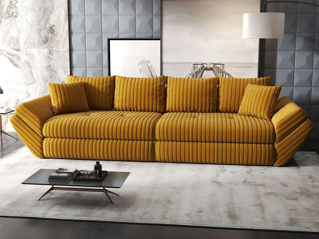 Canapea extensibilă dumonde cu ladă de depozitare si sezut confortabil din spuma high-density, Loana Ambience Mustar 300x100 cm