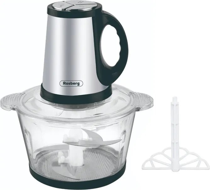 La mâna a doua: Tocator de bucatarie Rosberg R51111F, 400W, 2L, Recpient de sticla, 4 cutite, 3 viteze, Inox/negru