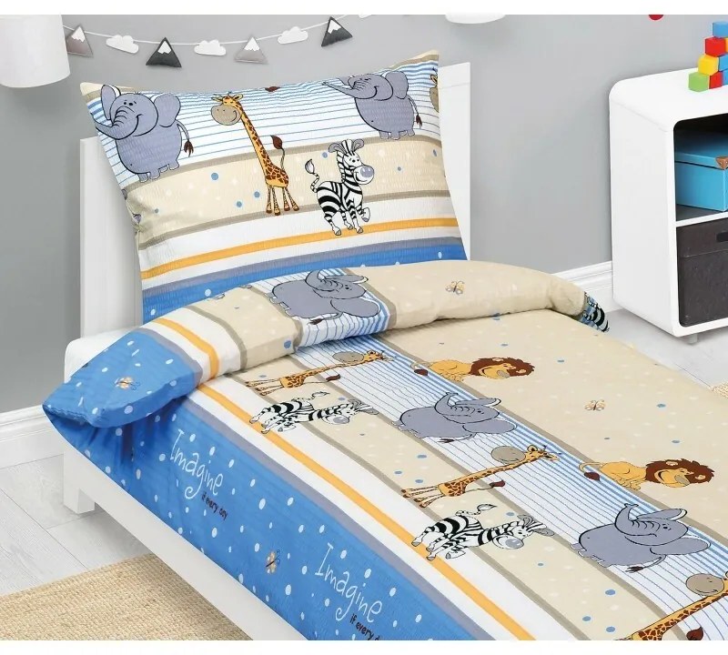 Lenjerie de pat creponată pentru copii BellatexSafari albastru, 140 x 200, 70 x 90 cm