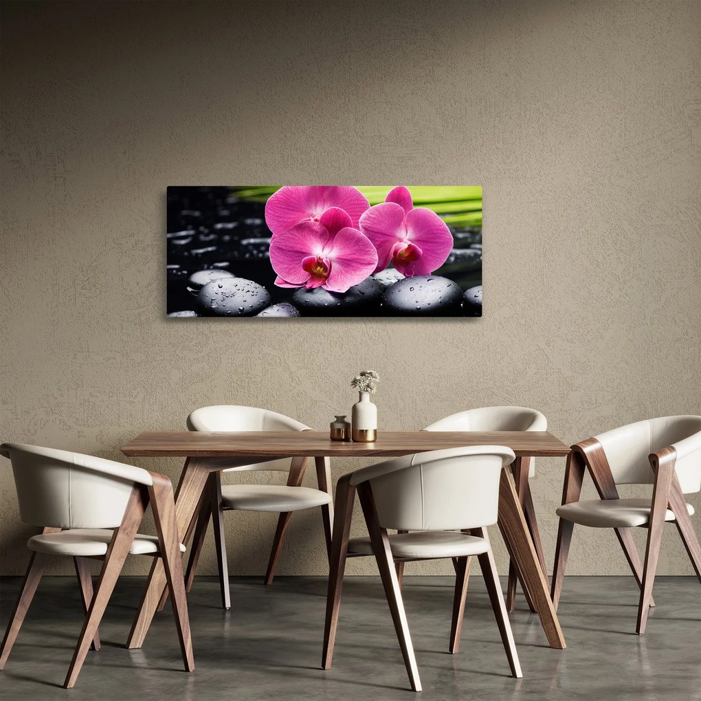 Tablou - Orhidee roz cu frunze de palmier (120x50 cm)