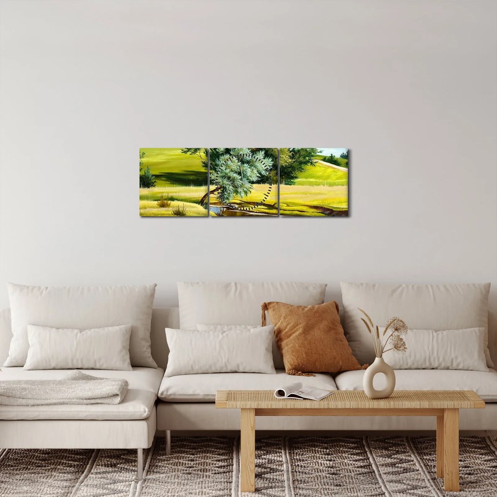Tablou - Râu între câmpii, pictură în ulei (cu ceas) (90x30 cm)