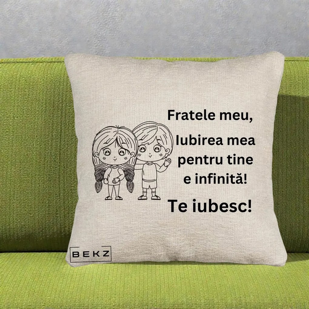 Cadou pentru Frate - Perna Personalizata Fratele Meu Te Iubesc Copii Anime Line Art Negru, 40x40 cm, Bej Canapea, Husa Detasabila, Perna Inclusa, BEKZ®