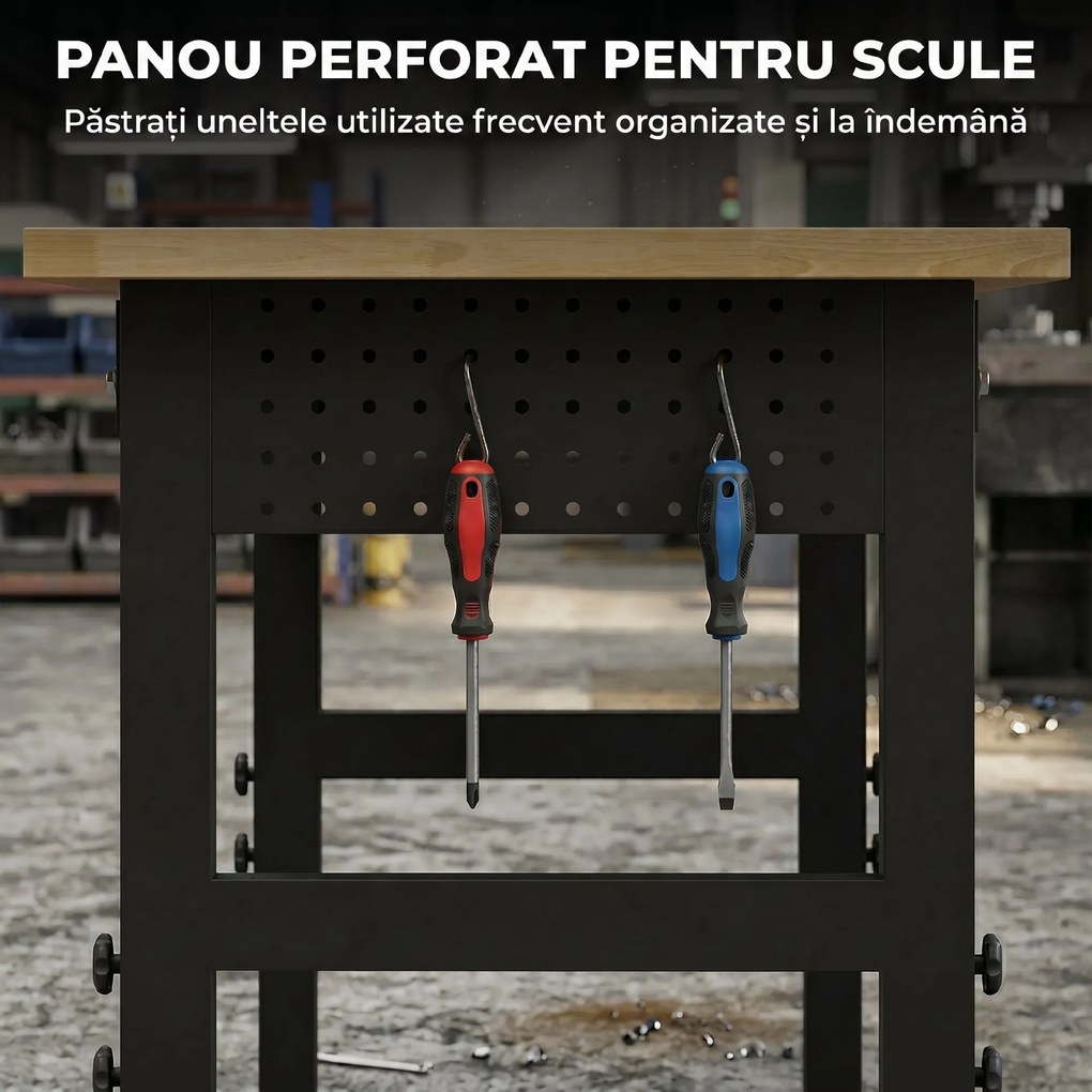 HOMCOM Masă de Lucru Reglabilă 122 cm, Blat Robust din Lemn de Cauciuc, 2 Prize AC și 2 Porturi USB, Panou Perforat, Capacitate 900 kg, pentru Garaj, Atelier și Casă | Aosom Romania
