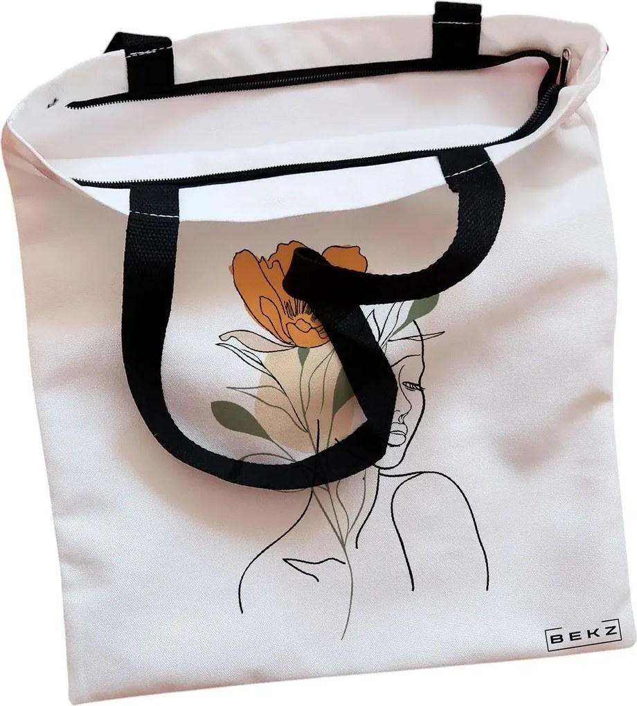 Sacosa de Panza pentru Cumparaturi, Geanta Tote, Flower Lady 1, Cu fermoar, 38x34.5 cm, Alba, BEKZ®
