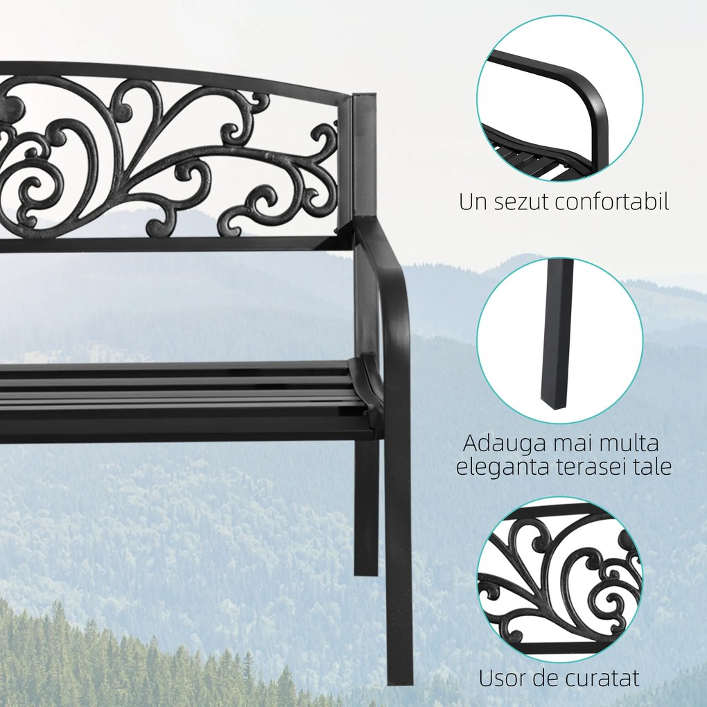 Outsunny Banca de gradina din metal cu spatar decorat, 127x60x87cm – negru | Aosom Romania