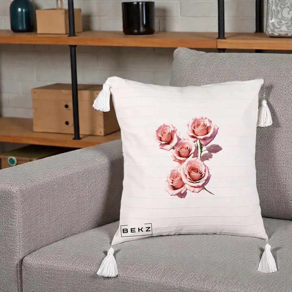 Perna Decorativa Trandafiri Roz Pastel Acuarela, 40x40 cm, Bej cu Franjuri, Husa Detasabila, Perna Inclusa, BEKZ®
