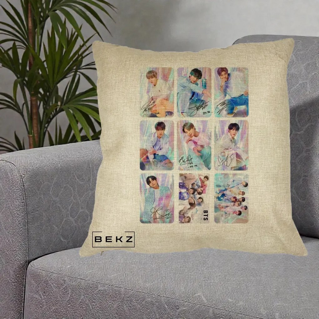 Perna Personalizata K-pop BTS Colaj 9 Fotografii Autografe Individual, 40x40 cm, Crem, Husa Detasabila, Perna Inclusa, BEKZ®