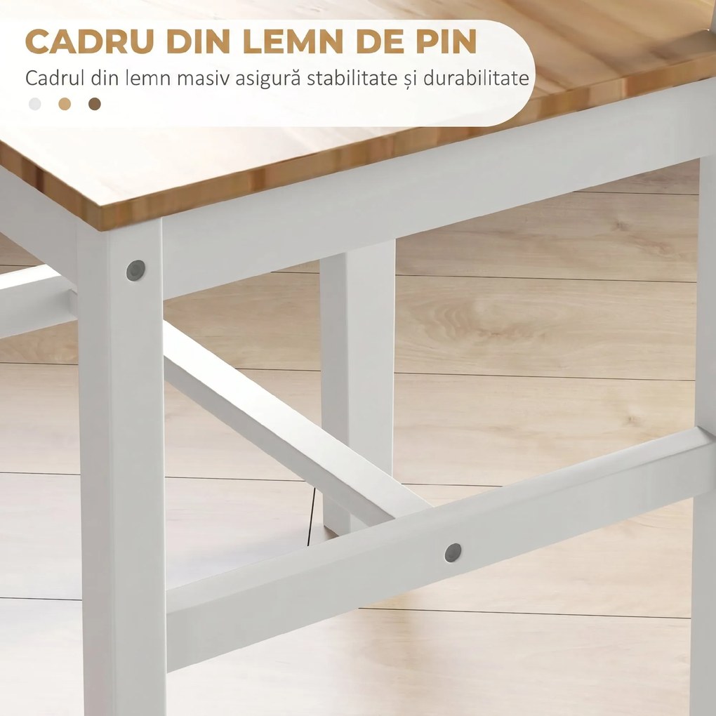 HOMCOM Set 4 Scaune cu Spătar Transversal, Scaune Clasice din Lemn de Pin, 41x46.5x87 cm, Alb | Aosom Romania