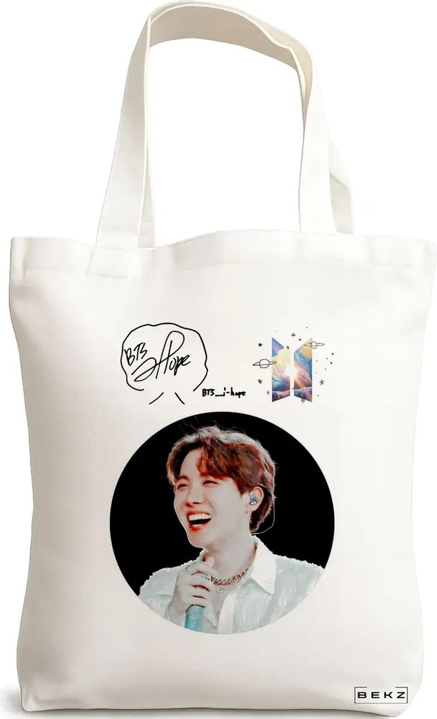 Sacosa de Panza pentru Cumparaturi, Geanta Tote, model BTS J-Hope, 38x34.5 cm, Alba, BEKZ®
