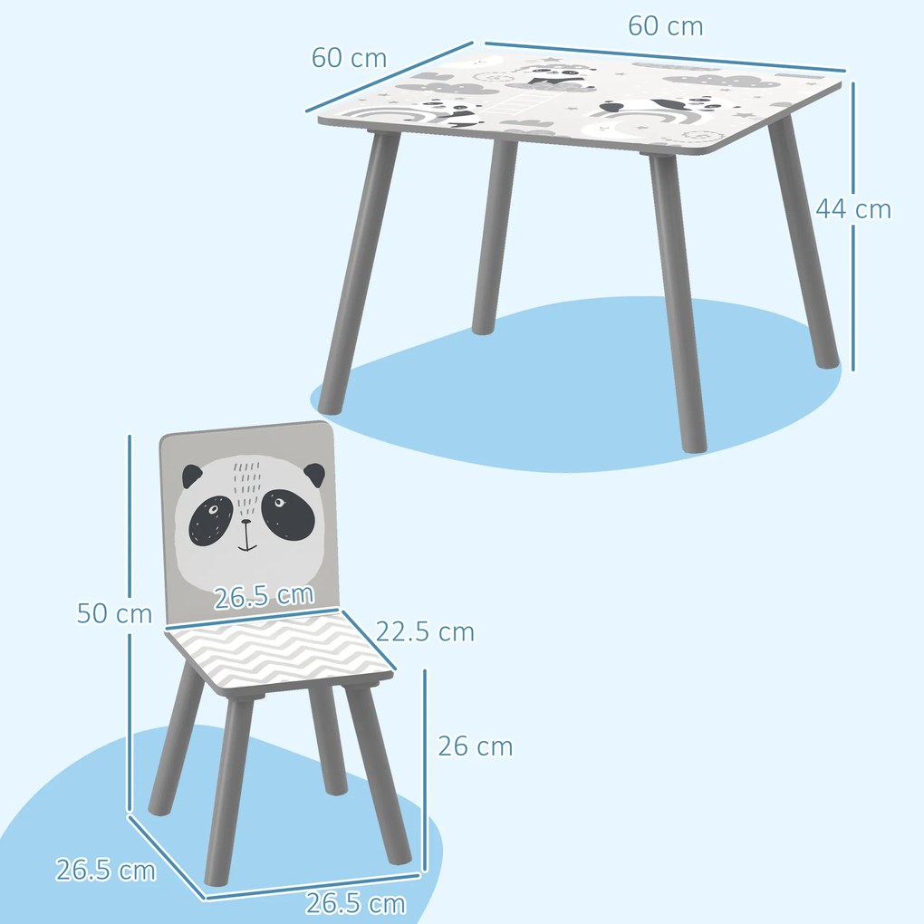 ZONEKIZ Set Masă și 2 Scaune pentru Copii de 3-8 Ani cu Desene de Animale, 60x60x44 cm, Gri | Aosom Romania