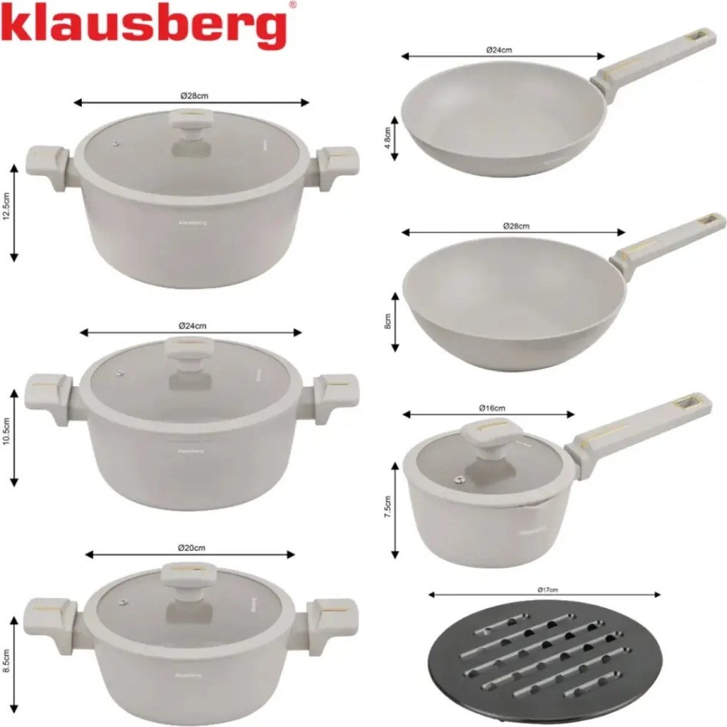 Set oale si tigai marmorate cu capace 12 peise Klausberg KB-7969, crem