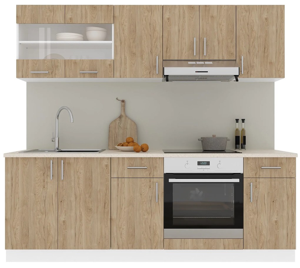 Set Bucatarie Karo V13, Lemn Natural/Alb, Blat Thermo 28 mm, L 220 cm