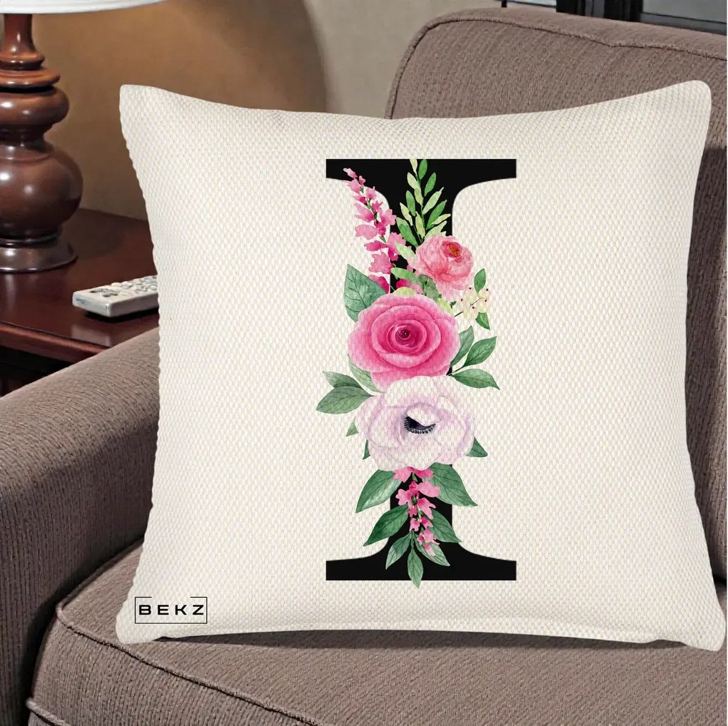 Cadou Personalizat - Perna Personalizata Monograma Florala Litera I, 40x40 cm, Crem Reliefat, Husa Detasabila, Perna Inclusa, BEKZ®