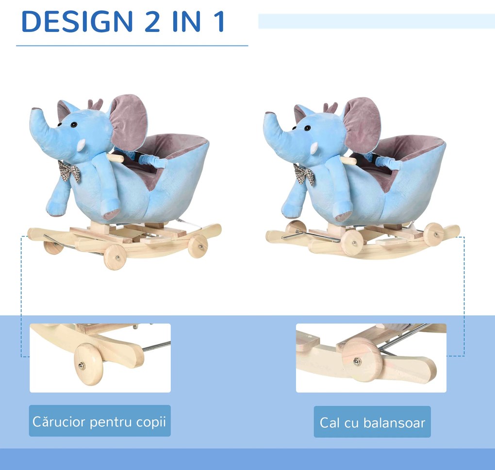 HOMCOM Balansoar pentru copii 18+ Luni cu Roți, Centură și Spătar, în Formă de Elefant,60x35x45 cm, Albastru | Aosom Romania