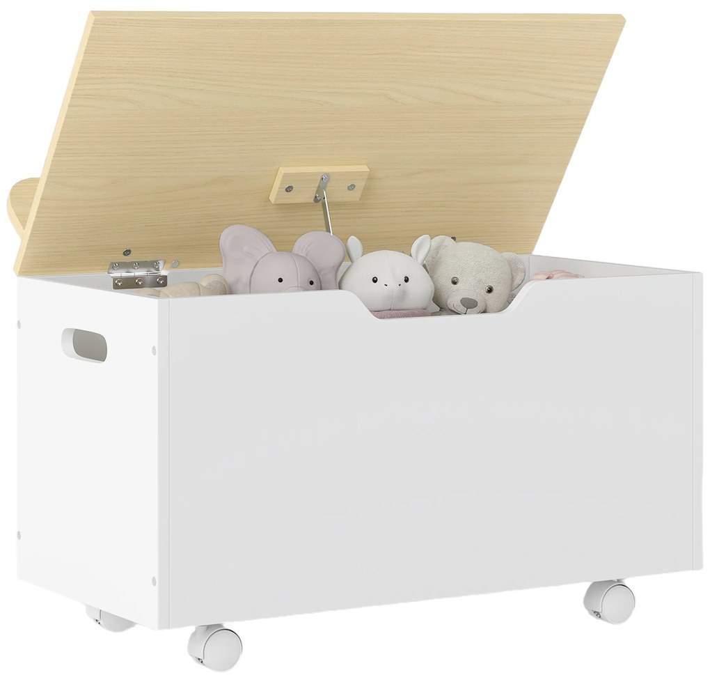 AIYAPLAY Cufăr de jucării pentru copii pe roți, cutie de depozitare pentru copii cu capac rabatabil, 59 x 30 x 53 cm, alb | Aosom Romania
