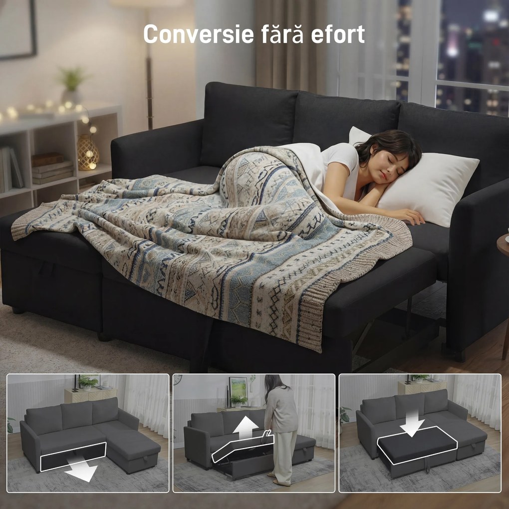 HOMCOM Canapea Extensibilă cu 3 Locuri și Șezlong Convertibil, Canapea de Colț Pliabilă cu Compartiment de Depozitare și 3 Perne Detașabile, Material Textil cu Efect de In, Living, 192x148x86cm, Gri Închis | Aosom Romania