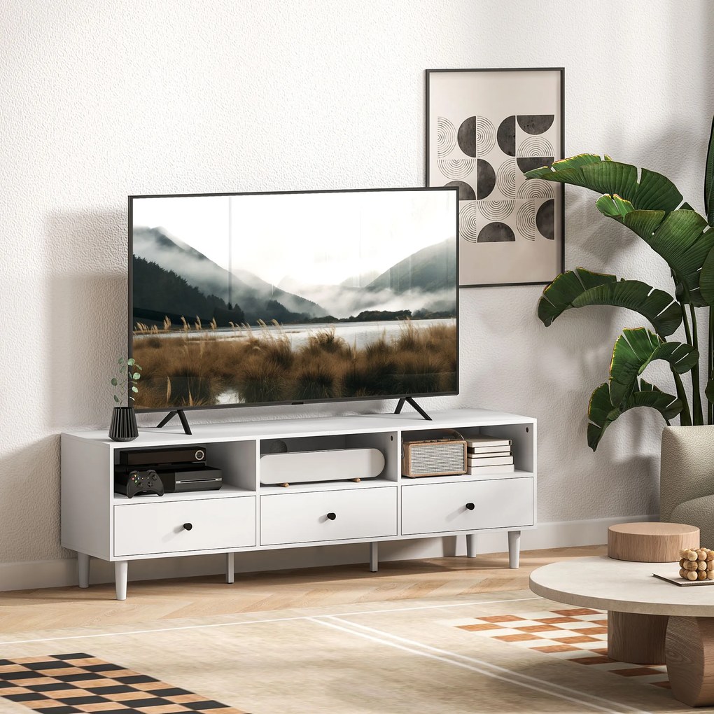 HOMCOM Comodă TV, Stand TV pentru Ecrane de 75 inch, 3 Rafturi Deschise, 3 Sertare, Placă de Particule, Alb | Aosom Romania