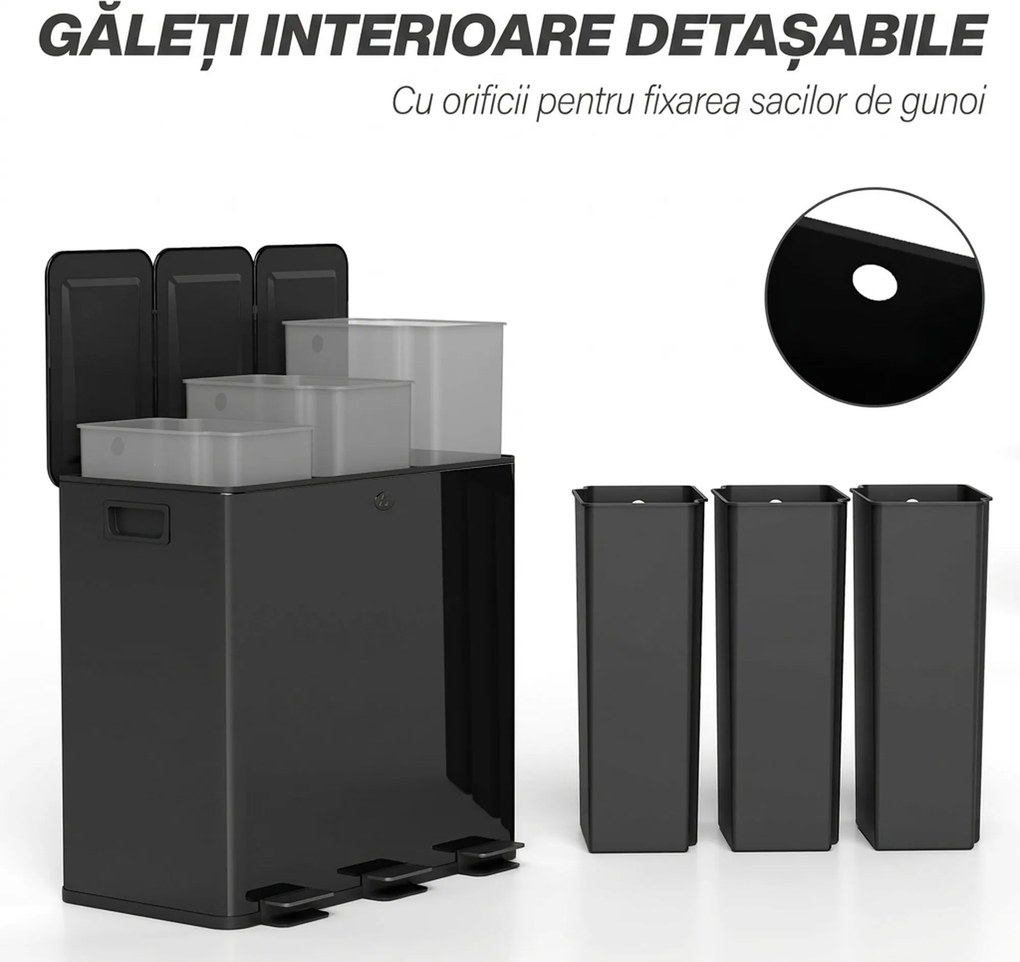 HOMCOM Coș de Gunoi cu 3 Secțiuni de 20L cu Pedală și 2 Capace cu Închidere Silențioasă, Coș de Gunoi din Oțel Inoxidabil și PP, 61.9x36.6x56.7 cm, Negru | Aosom Romania
