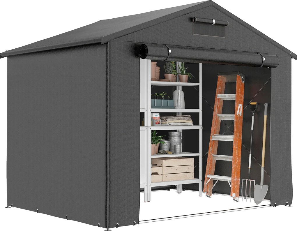 Outsunny Cort-garaj 2,5 x 1,8 m, rezistent la apă, cort-garaj cu ușă cu fermoar rulabil, ferestre de ventilație, gri închis | Aosom Romania