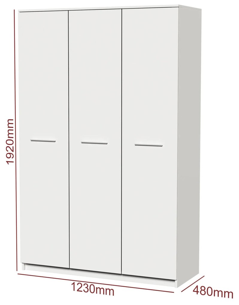 Dormitor Luiza 3U5P, culoare alb, cu pat standard 160 x 200 cm, dulap cu 3 usi, comoda si 2 noptiere