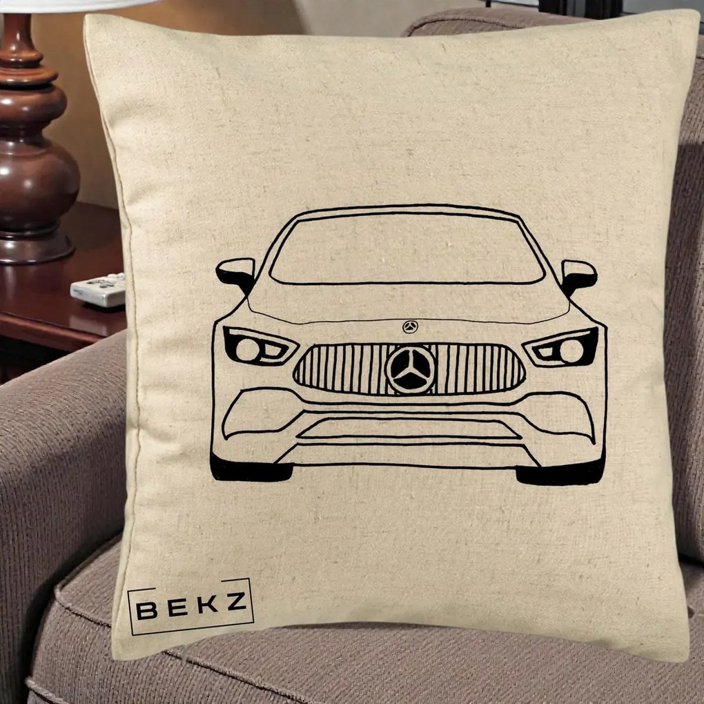 Perna Personalizata Mercedes-Benz Fata Linie, 40x40 cm, Bej, Husa Detasabila, Perna Inclusa, BEKZ®