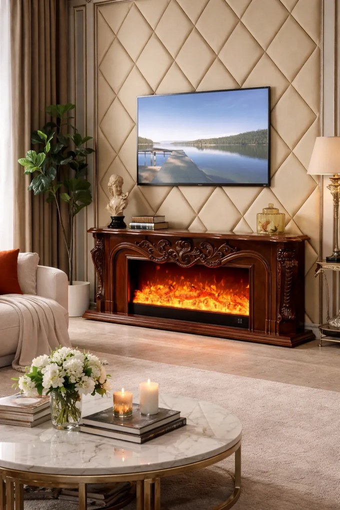 Șemineu electric cu efect LED realist cu 12 culori, Comodă TV, design clasic elegant, control vocal și telecomandă, fără încălzire, 200 cm, Maro