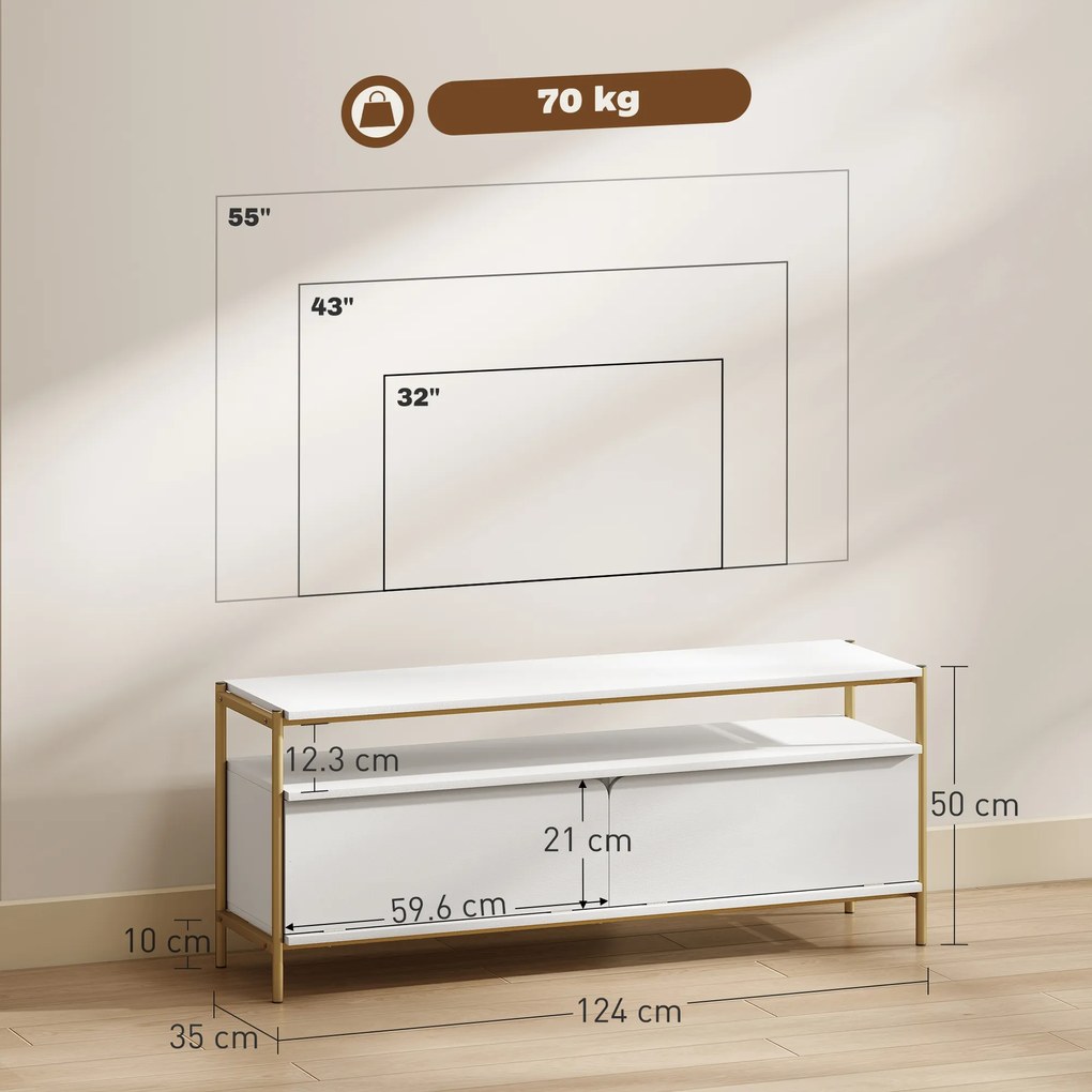 HOMCOM Suport TV meuble télé pentru televizor de până la 55 de inch cu 2 uși rabatabile și raft deschis, 124x35x50 cm, alb | Aosom Romania