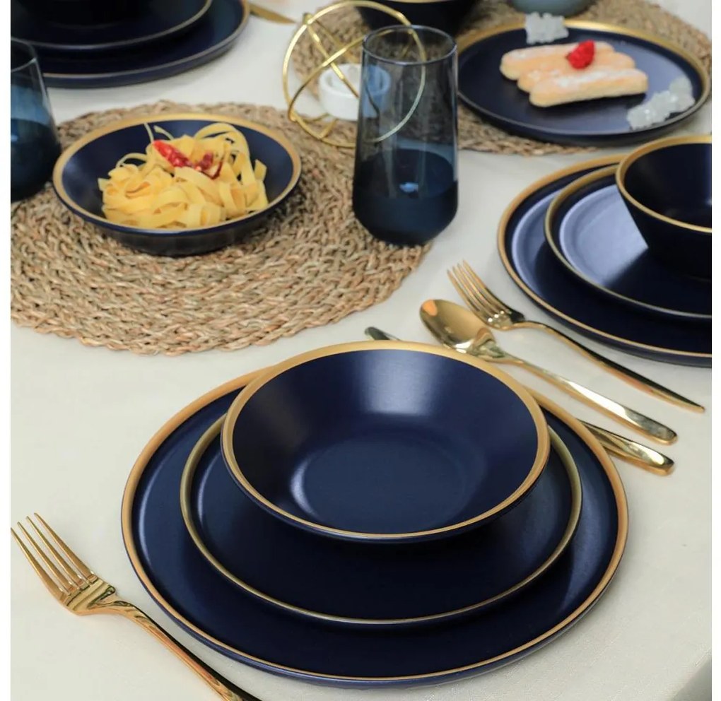 Set de veselă, 24 de piese, albastru/auriu/ceramică