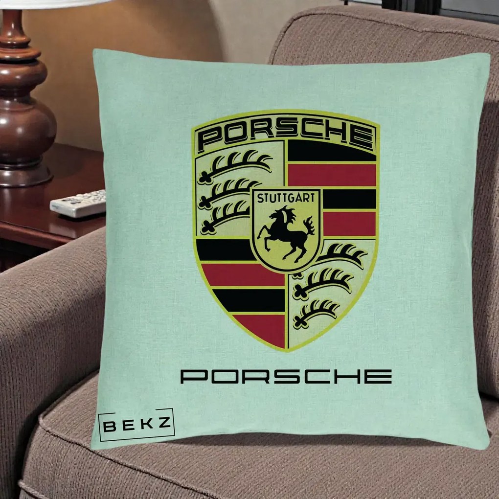 Perna Personalizata Porsche Stuttgart, 40x40 cm, Verde Menta, Husa Detasabila, Perna Inclusa, BEKZ®