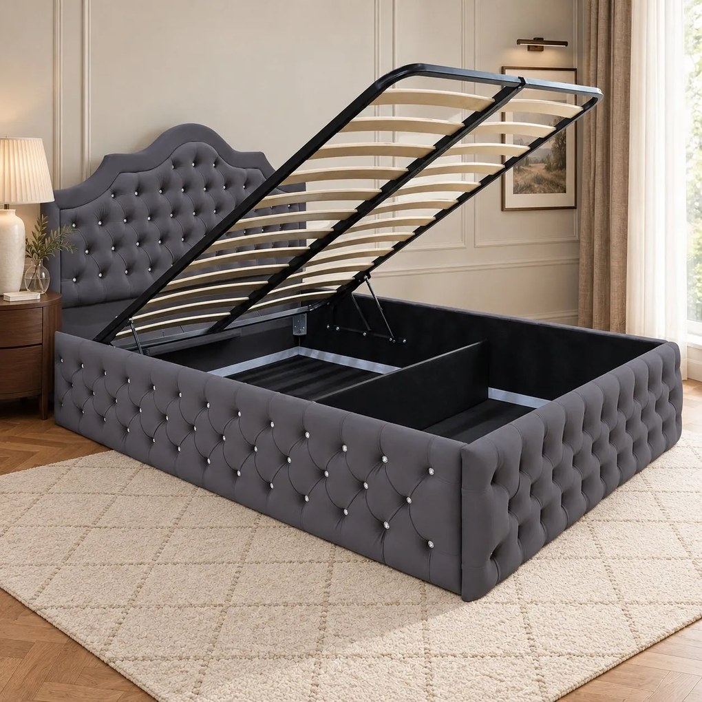 Pat tapițat Chesterfield din catifea Imperio Deluxe 140×200 cm, gri închis, cu ladă de depozitare