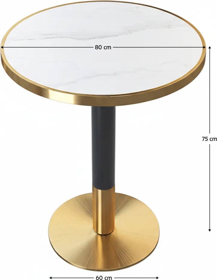 Masă bistro de sufragerie, marmură albă/negru/auriu, diametru 80 cm, OREN
