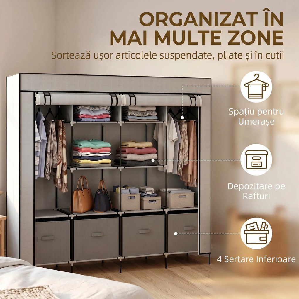 HOMCOM Dulap Portabil din Material Textil și Oțel, Garderobă cu 10 Rafturi, 4 Sertare și 2 Bare, 166x42,5x169,5 cm, Gri | Aosom Romania
