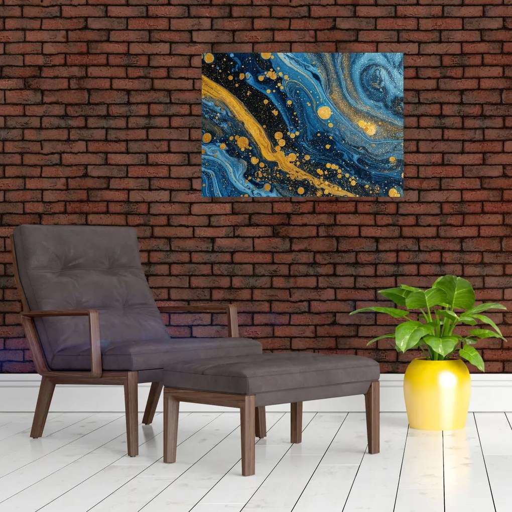 Tablou pe sticlă - Abstracție albastră cu aur (70x50 cm)