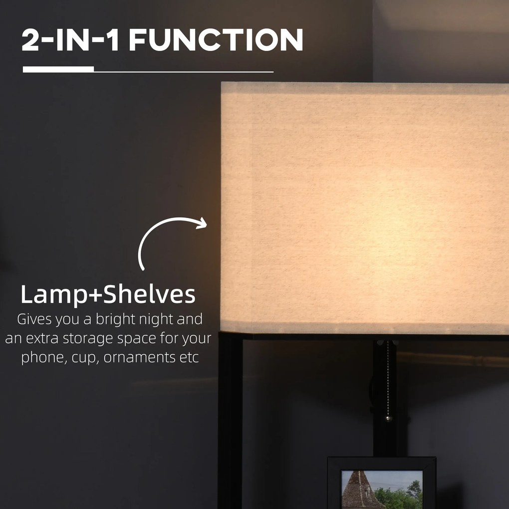 Lampa de podea de colt cu 3 rafturi si abajur din material textil, pentru bec E27, pentru sufragerie 50x37x159cm, negru alb HOMCOM | Aosom Romania