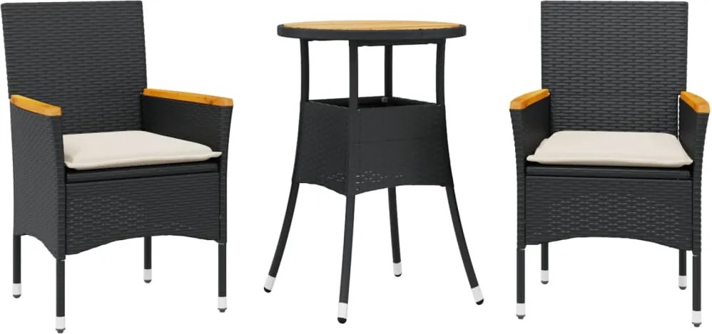 vidaXL Set mobilier grădină perne 3 piese negru poliratan/lemn acacia