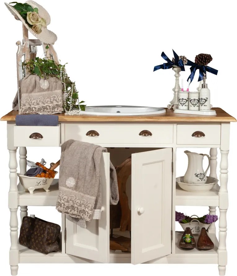 Mobilier de baie din lemn masiv, lavoar ceramica , alb antichizat  natur, L128x54xH92 cm