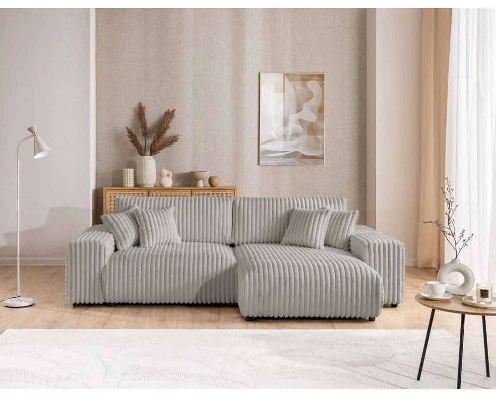 Colțar gri deschis extensibil, cu spațiu de depozitare, cu tapițerie din catifea reiată (cu colț pe partea dreaptă) Sarina – Ropez