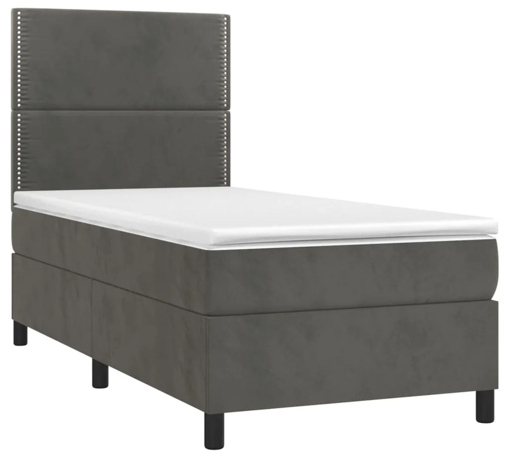 Pat box spring cu saltea, gri inchis, 90x190 cm, catifea Morke gra, 90 x 190 cm, Culoare unica si cuie de tapiterie