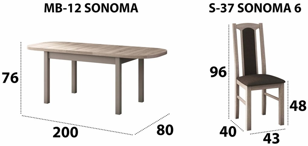 Set masa living Venus1 S cu 6 scaune Boss7 S6, sonoma, extensibila 160/200 cm, lemn masiv/stofa/pal