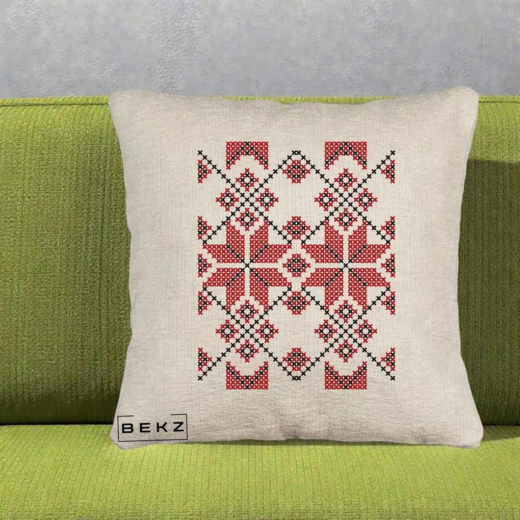 Perna Personalizata Motiv Traditional Cusatura Rosu-Negru, 40x40 cm, Bej Canapea, Husa Detasabila, Perna Inclusa, BEKZ®