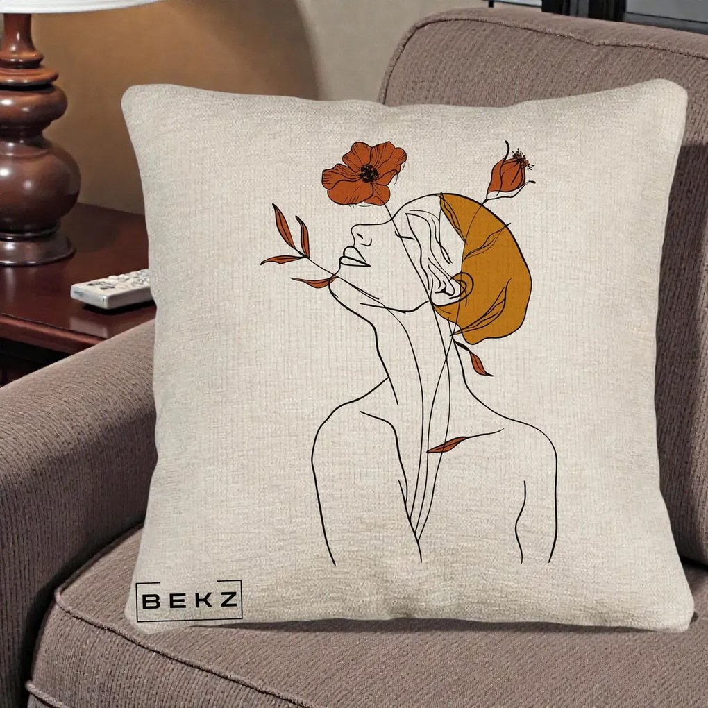 Perna Decorativa Portret Feminin Mac Privire Inalta, 40x40 cm, Bej Canapea, Husa Detasabila, Perna Inclusa, BEKZ®
