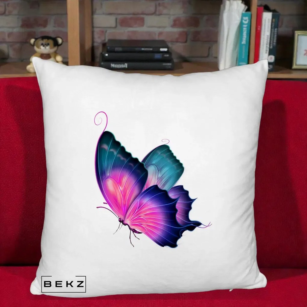 Perna Decorativa Fluture Neon, 40x40 cm, Alb Pufos, Husa Detasabila, Perna Inclusa, BEKZ®