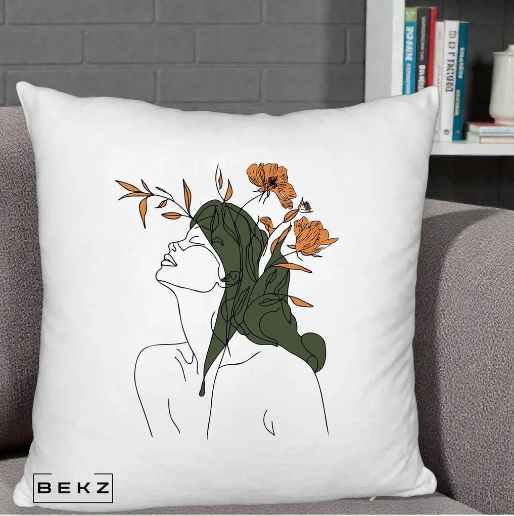 Perna Decorativa Portret Feminin Profil Flori Portocalii, 40x40 cm, Alb Pufos, Husa Detasabila, Perna Inclusa, BEKZ®