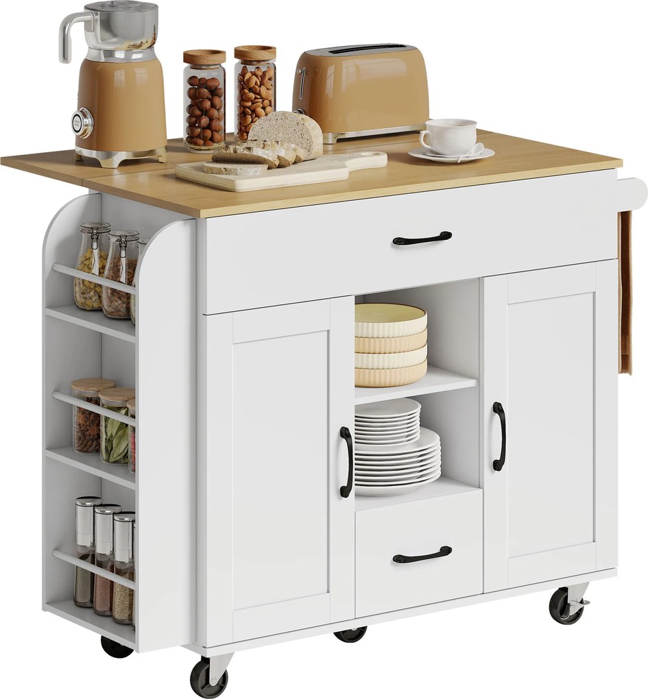 HOMCOM Insulă de bucătărie pe roți, blat extensibil, uși de dulap Soft-Close, sertare, suport pentru prosoape, MDF, Alb | Aosom Romania