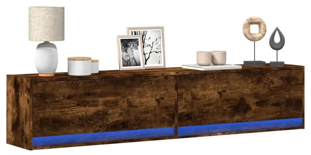 vidaXL Dulap TV de perete cu lumini LED, stejar fumuriu, 180x31x38 cm