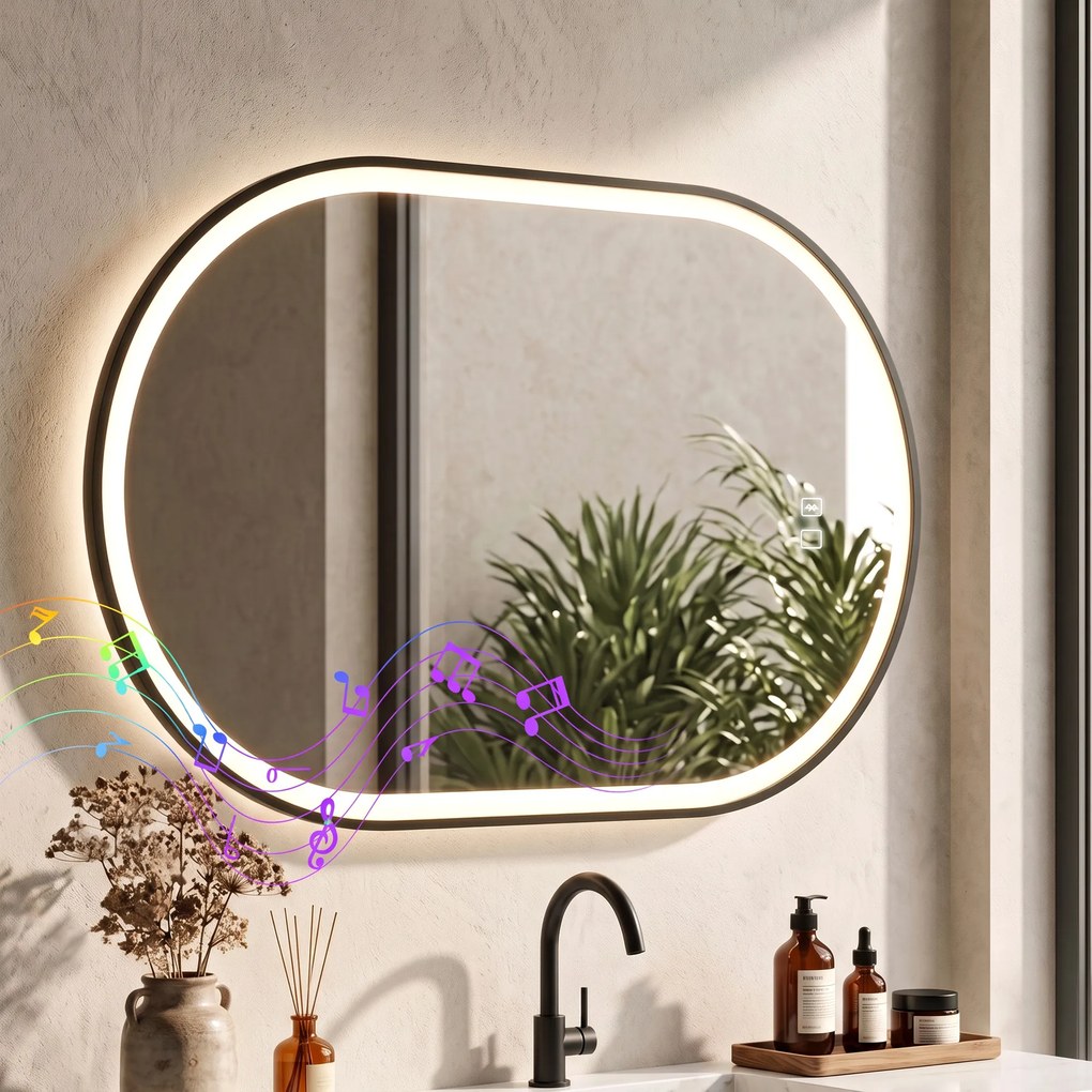 HOMCOM Oglindă de Baie Ovală cu LED 70x100 cm, Bluetooth, Memorie, Butoane Tactile, Antiaburire | Aosom Romania