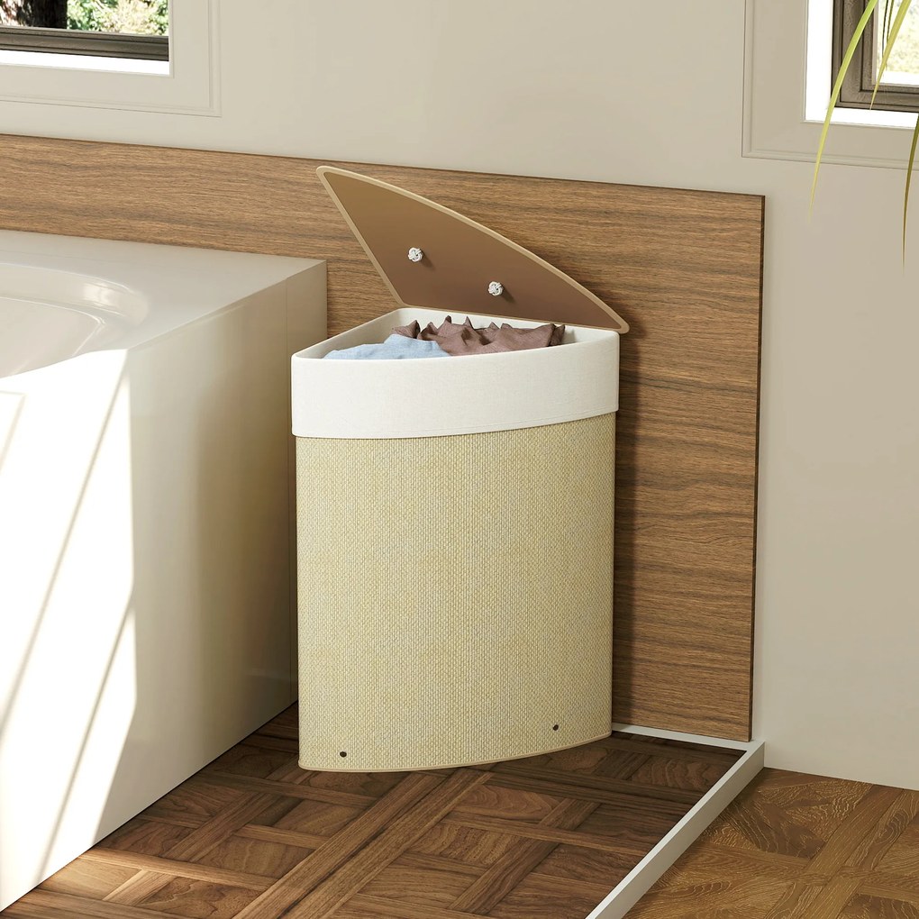 HOMCOM Coș de rufe din bambus 55L, coș triunghiular cu sac detașabil și lavabil, capac, mâner, 35x35x60cm, natural | Aosom Romania